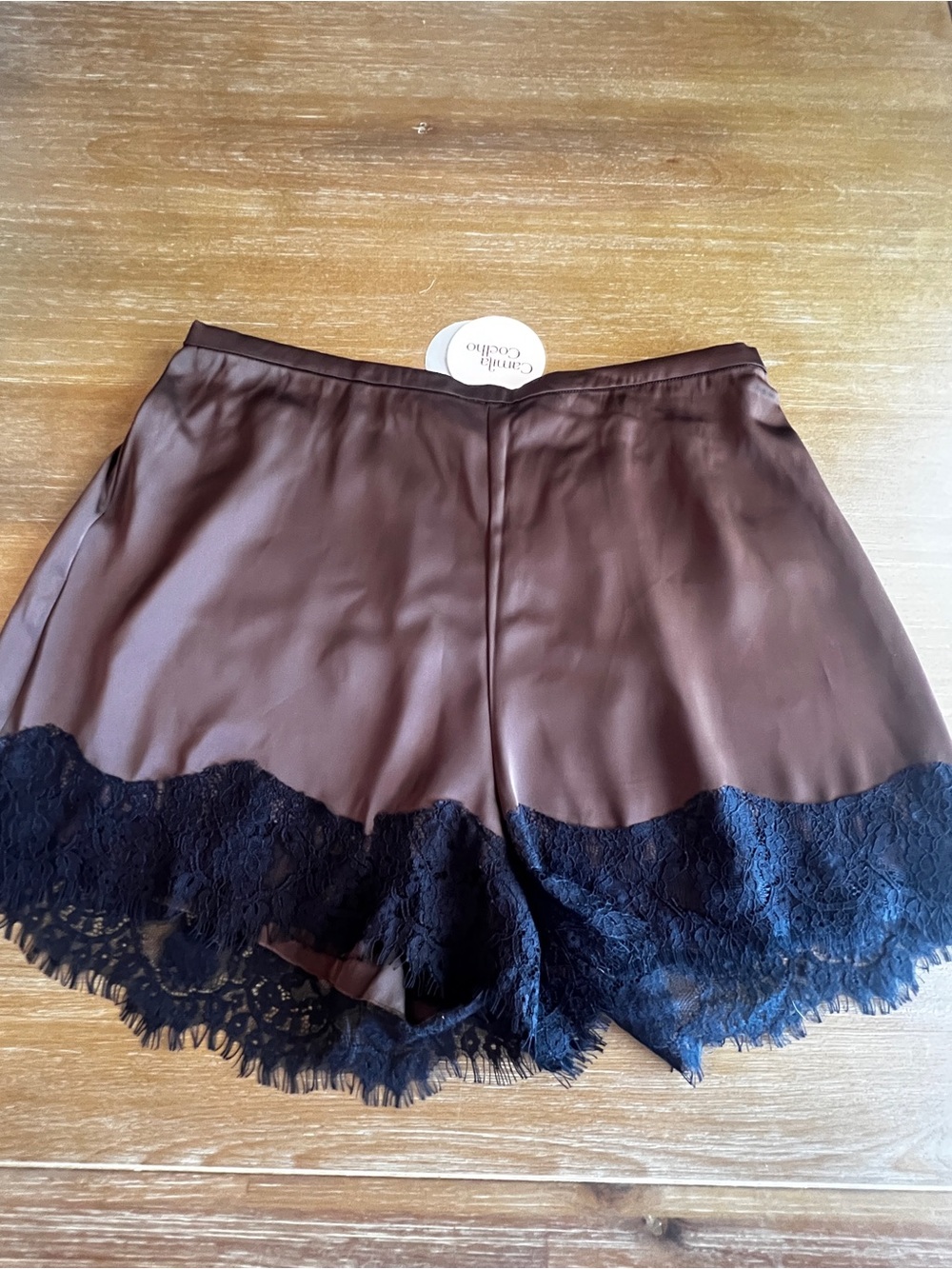 NWT Camila Coelho Brown Satin Black Lace Trim Shorts Size M